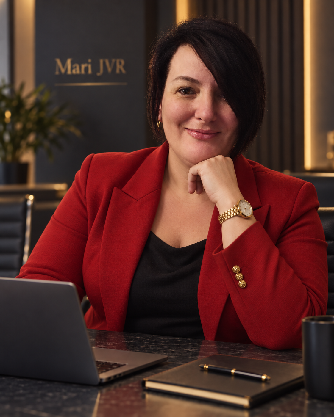 Mari Jansen van Rensburg in a red blazer in a modern boardroom